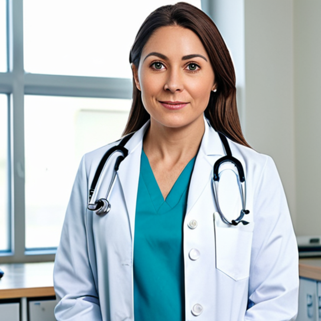 **
"A professional female doctor in a modest lab coat, standing in a bright, modern hospital laboratory, fully clothed, appropriate attire, safe for work, perfect anatomy, natural proportions, professional photography, high quality, family-friendly."
**
