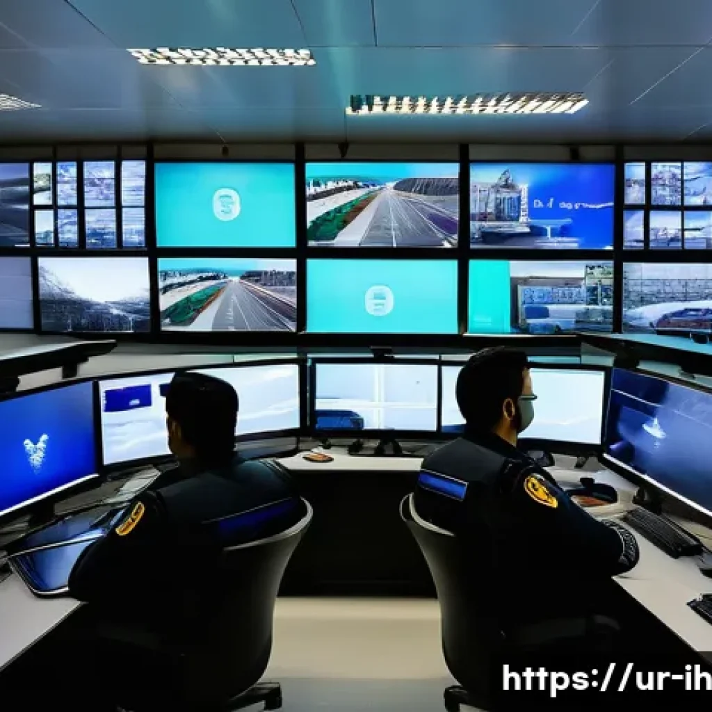 영상 데이터 분석을 위한 머신러닝 기법 - A high-tech security monitoring room in a modern Pakistani police station, showing multiple large sc...