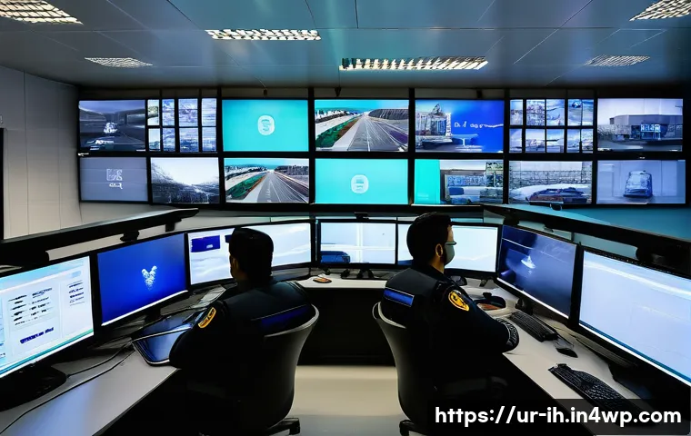 영상 데이터 분석을 위한 머신러닝 기법 - A high-tech security monitoring room in a modern Pakistani police station, showing multiple large sc...