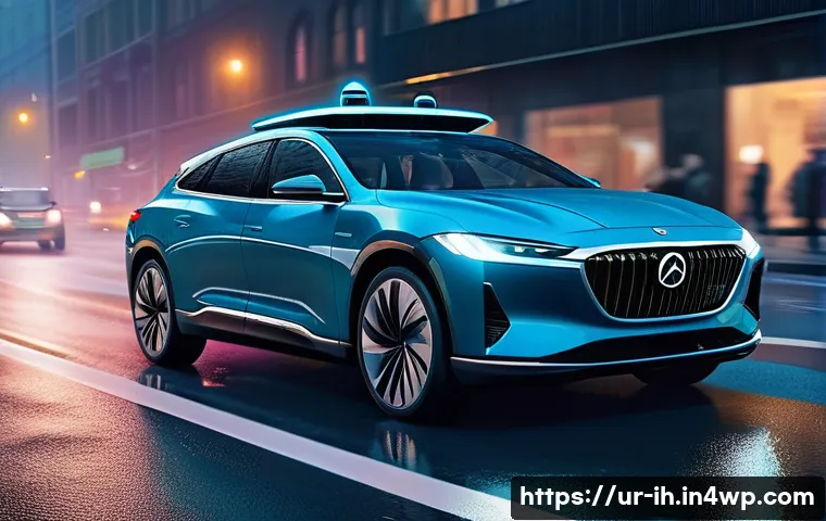 자율주행차 기술에 필요한 비전 시스템 이해하기 - A modern autonomous car equipped with advanced vision systems driving through a foggy urban street a...