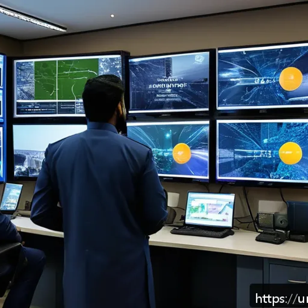딥러닝을 이용한 객체 탐지 프로젝트 사례 - A high-tech security control room in a modern Pakistani office building, featuring multiple CCTV mon...