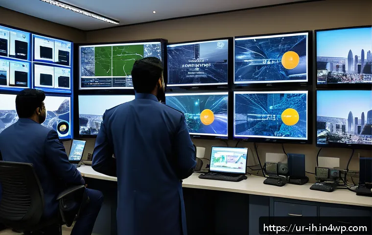 딥러닝을 이용한 객체 탐지 프로젝트 사례 - A high-tech security control room in a modern Pakistani office building, featuring multiple CCTV mon...