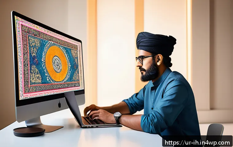 AI 기반 이미지 검색 엔진 구축하기 - A modern digital workspace scene featuring a Pakistani content creator using AI-powered image search...