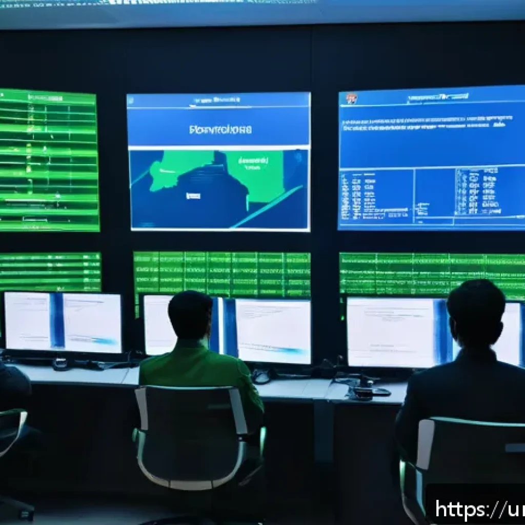 비전 시스템에서의 데이터 보안 고려사항 - A high-tech control room of a vision system security center in Pakistan, featuring large digital scr...
