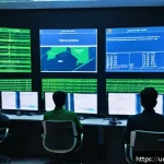 Home 23 비전 시스템에서의 데이터 보안 고려사항 - A high-tech control room of a vision system security center in Pakistan, featuring large digital scr...