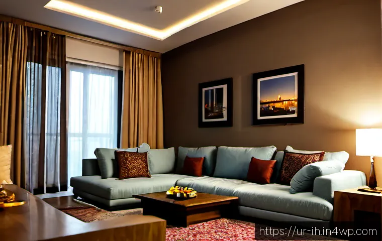 Home 17 비전 기술을 활용한 스마트 홈 시스템 - Photorealistic smart home living room in a contemporary Pakistani urban apartment, a family in modes...